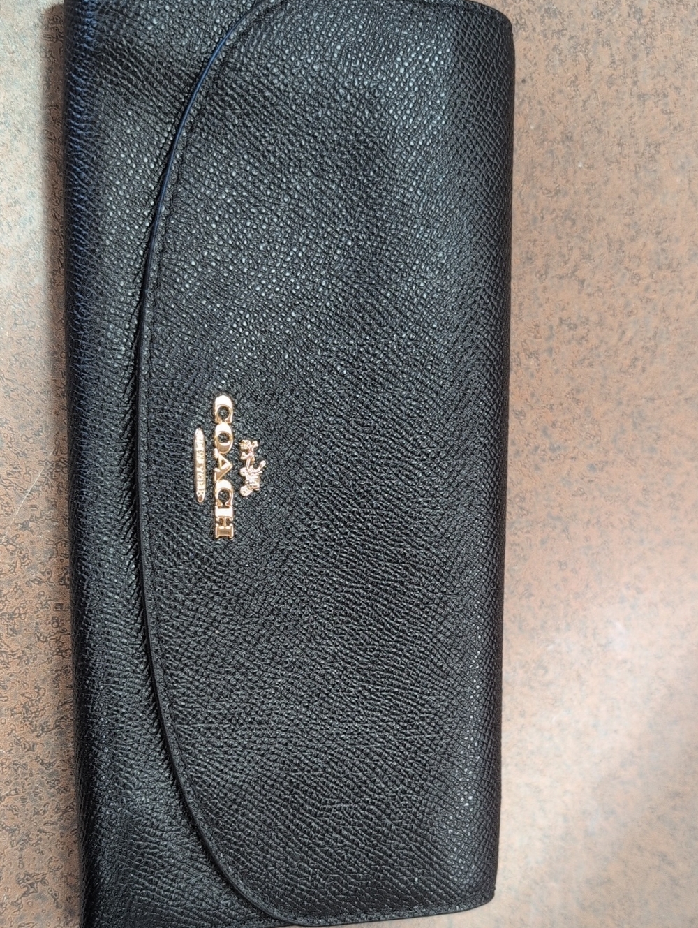 Coach Black Pebbled Leather Continental Card Case with Gold Logo